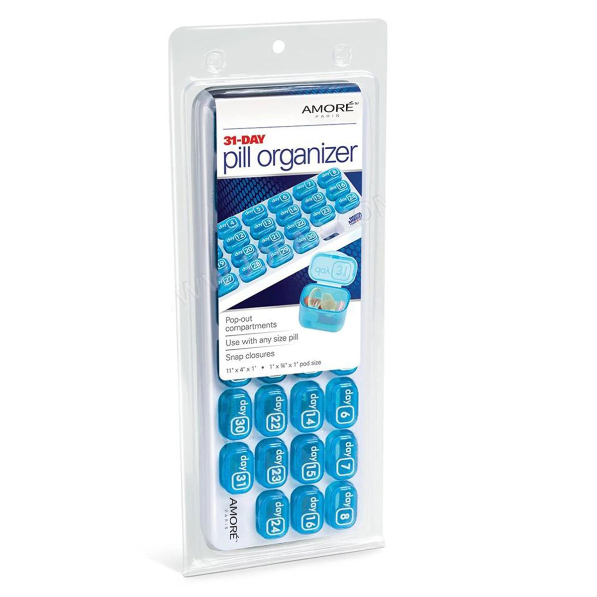31 Day Monthly Pill Organizer Tray with Daily Removable Pill Box Pods (1 Pack, Clear)