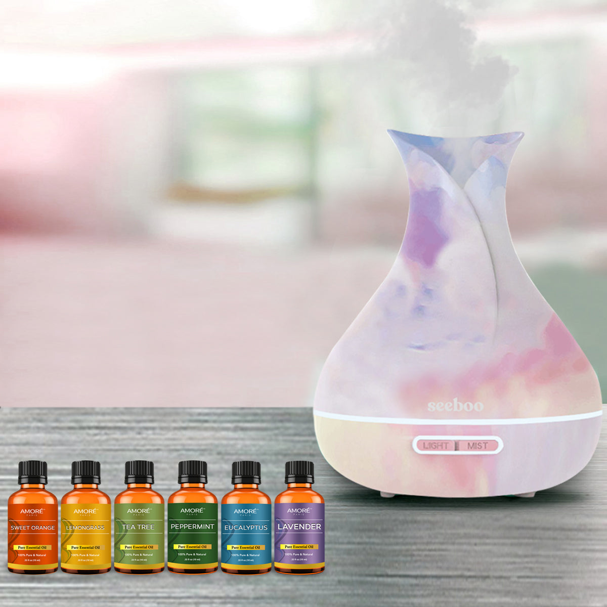 AMORÉ x SEEBOO Tie Dyed Unique Diffuser Humidifier With Essential Oil Gift Set (7-Piece)