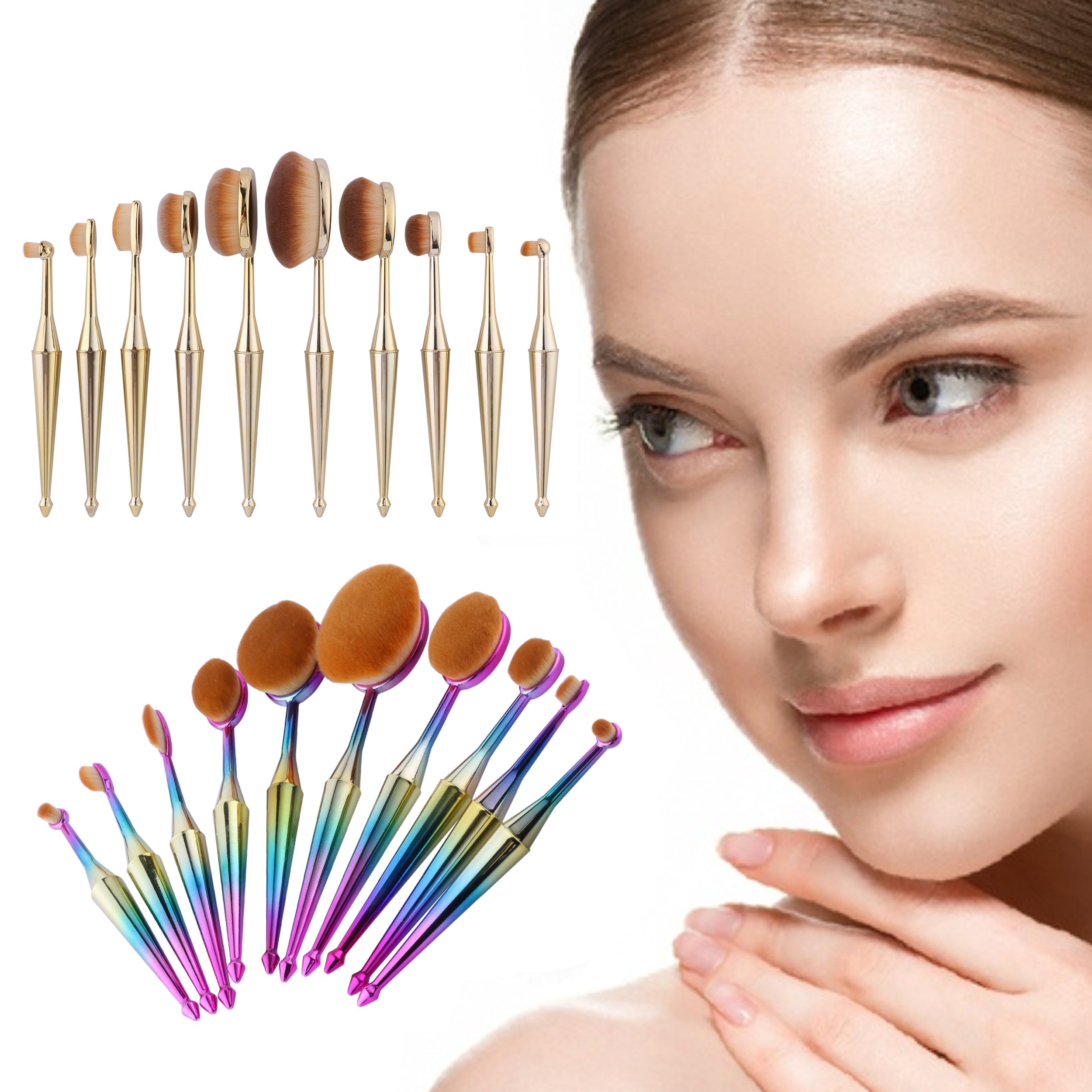 10-Piece Everyday Use Oval Kabuki Metallic Cosmetic Makeup Brushes Set –  AMORÉ PARIS USA