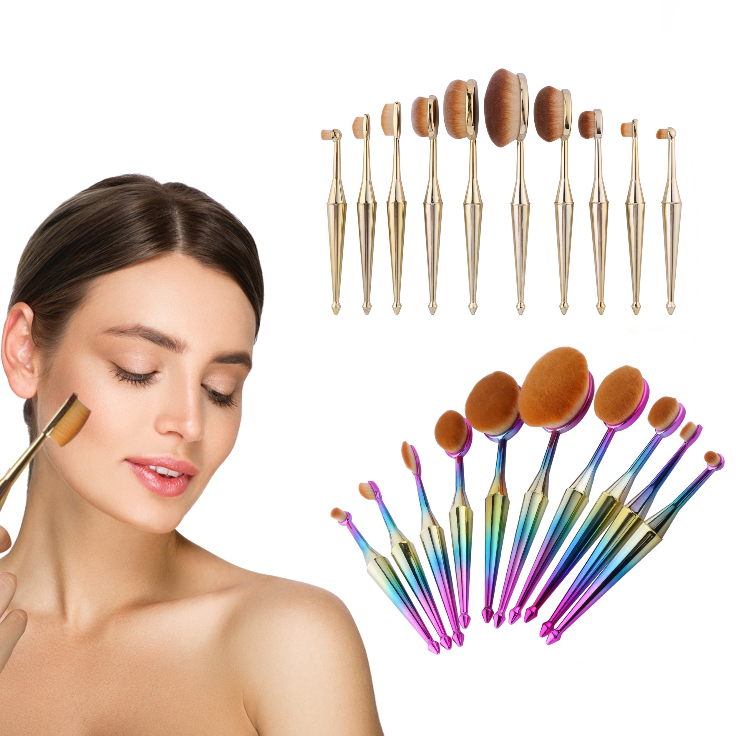 10-Piece Everyday Use Oval Kabuki Metallic Cosmetic Makeup Brushes Set